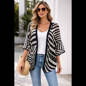 BCBGMAXAZRIA Black and White Striped Open Cardigan Sz M